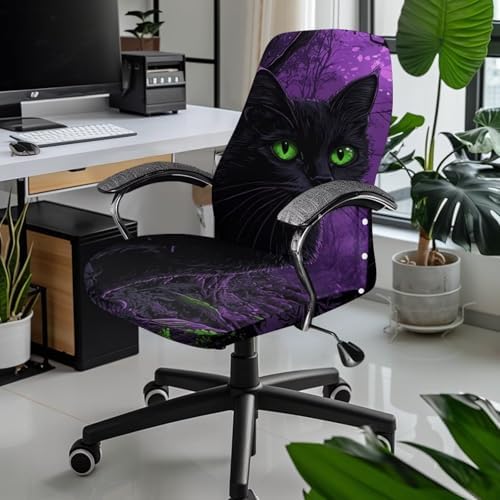 Black Cat Stretch Office Chair Cover with Elastic Bottom and Velcro