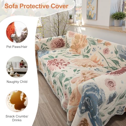 Lanffia Floral Reversible Chenille Sofa Cover Blanket for 2 Cushions