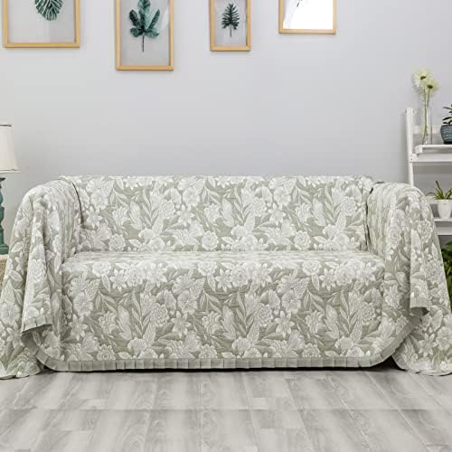 Luxury Jacquard Sofa Cover with Ruffle Embroidery Olive Green 71x118 in