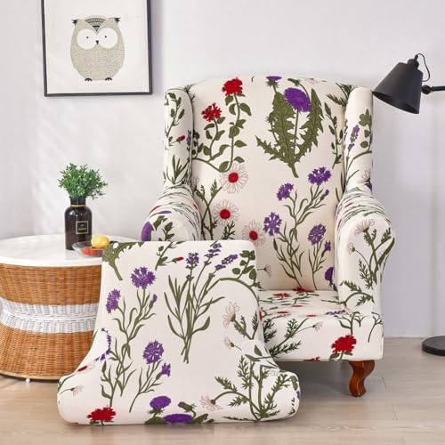 Chickwin Stretch Wingback Chair Slipcover with Pink Flower Design