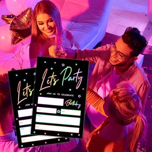 Lets Party Birthday Invitations Retro Glow Neon 20Pcs