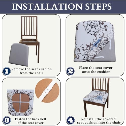Springrico Seat Covers for Dining Chairs 4 Pack Floral Beige