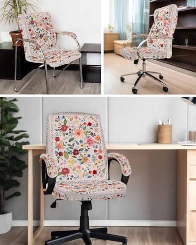 Pink Spring Floral Office Chair Cover with Armrest Covers and Zipper