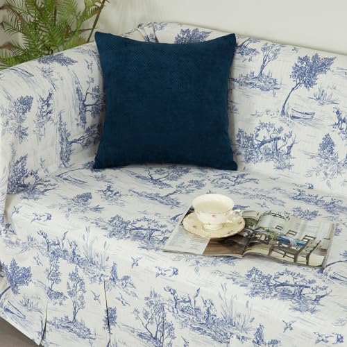 French Village Linen Sofa Cover with Ruffle Trim Toile Blue 71x118 Inch