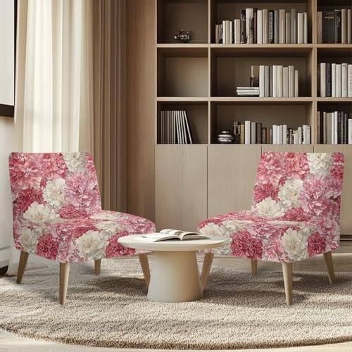 Pink White Flower Armless Chair Cover with Elastic Bottom
