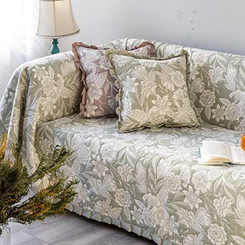 Luxury Jacquard Sofa Cover with Ruffle Embroidery Olive Green 71x118 in