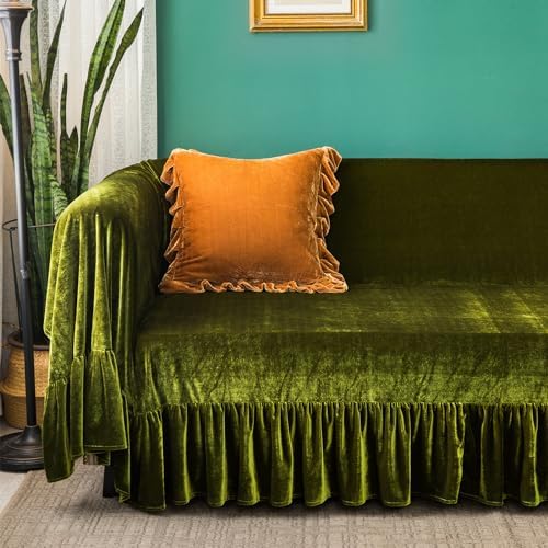 Velvet Sofa Cover 71x118 Inch Olive Green