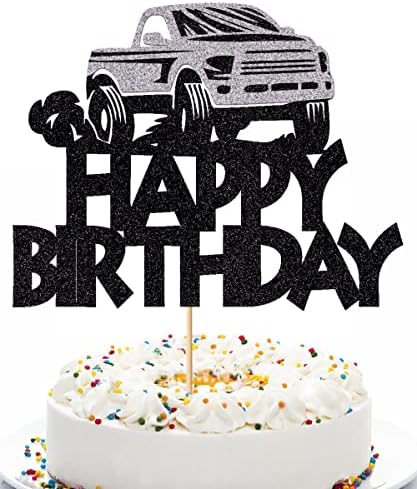 Black Glitter Pickup Truck Cake Toppers Happy Birthday Decorations