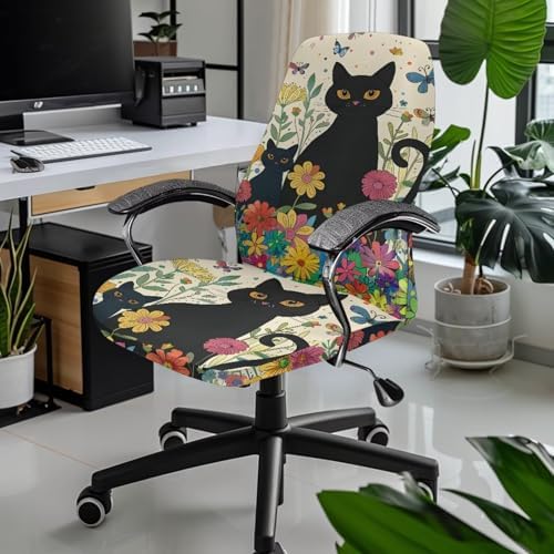 Black Cat Floral Office Chair Cover Stretch Slipcover