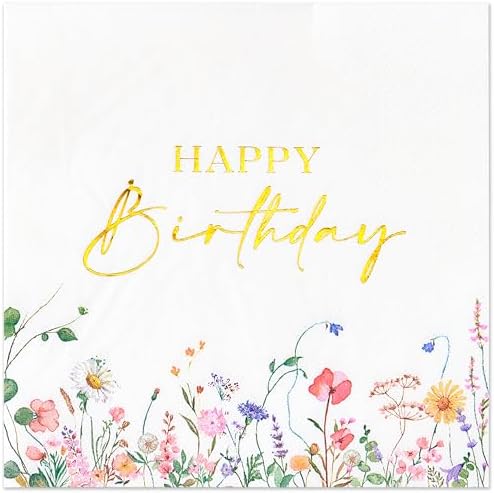 Crisky 50 Pcs Wildflower Gold Foil Napkins for Birthday Party