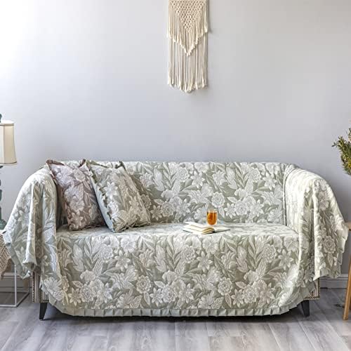 Luxury Jacquard Sofa Cover with Ruffle Embroidery Olive Green 71x118 in