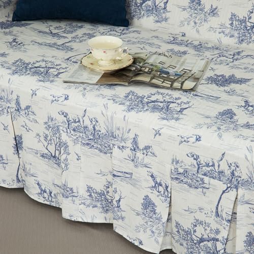 French Village Linen Sofa Cover with Ruffle Trim Toile Blue 71x118 Inch