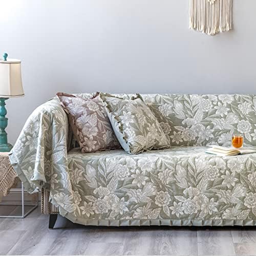 Luxury Jacquard Sofa Cover with Ruffle Embroidery Olive Green 71x118 in