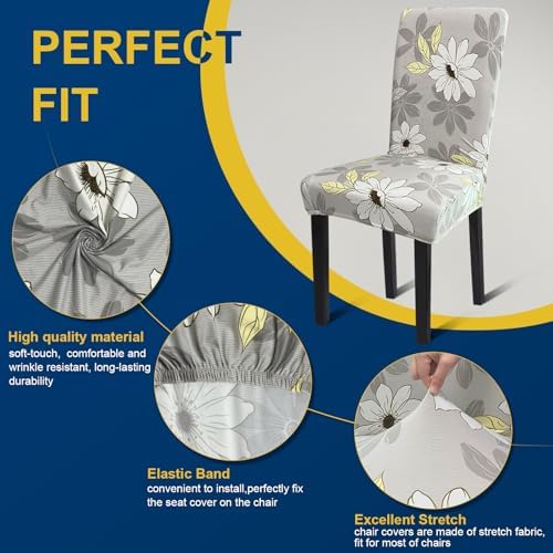 Fafua 4pcs Stretch Dining Chair Covers Grey Flower