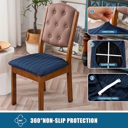 Doottoo Stretch Jacquard Seat Covers - 4 PCS Navy Dining Chair Cushion Slipcovers