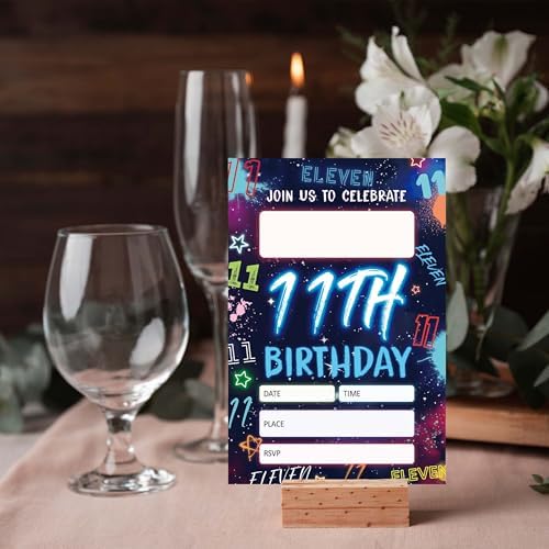 Blue 11th Birthday Invitations with Neon Glow Design