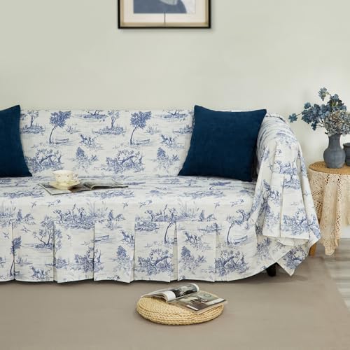 French Village Linen Sofa Cover with Ruffle Trim Toile Blue 71x118 Inch
