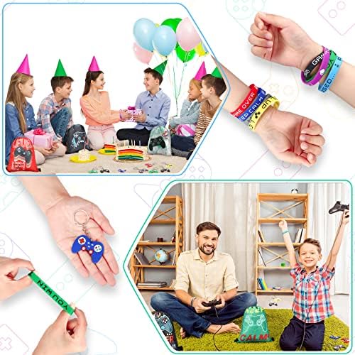 Hungdao 48 Pcs Gamer Party Favors Drawstring Bags Wristbands Keychains Set