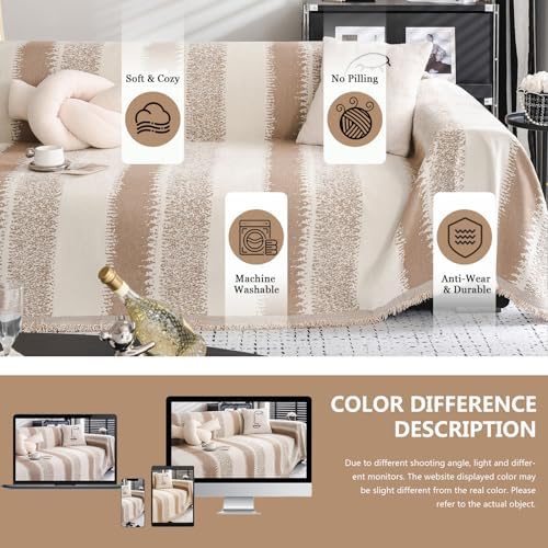 DREAMINGO Couch Cover - Striped Jacquard Beige Khaki Modern Chic