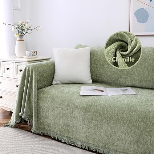 HVERSAILTEX Chenille Sofa Cover with Tassels Green 71x118