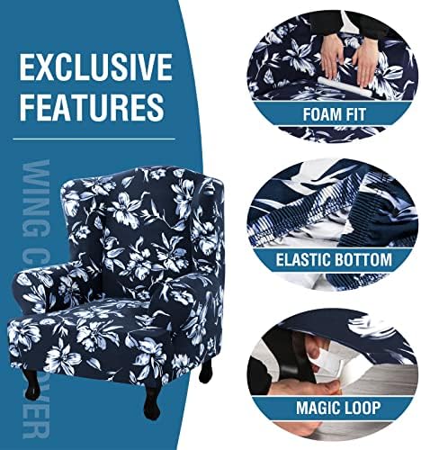 Floral Printed Fleece Wingback Chair Slipcover - Navy