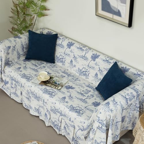 French Village Linen Sofa Cover with Ruffle Trim Toile Blue 71x118 Inch