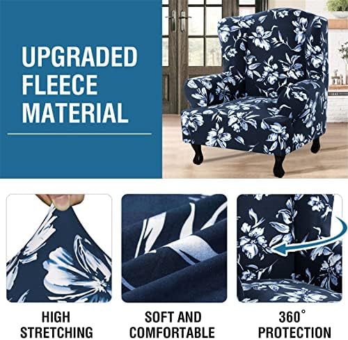 Floral Printed Fleece Wingback Chair Slipcover - Navy
