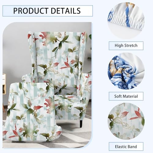 Printed Wingback Chair Cover Retro Floral 2 Pieces Farmhouse Armchair Protector