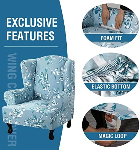 Floral Printed Fleece Wingback Chair Slipcover - Sky Blue