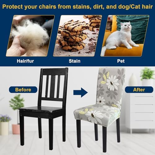 Fafua 4pcs Stretch Dining Chair Covers Grey Flower
