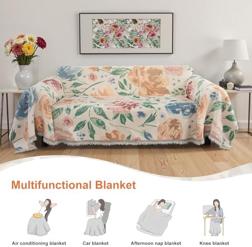 Lanffia Floral Reversible Chenille Sofa Cover Blanket for 2 Cushions
