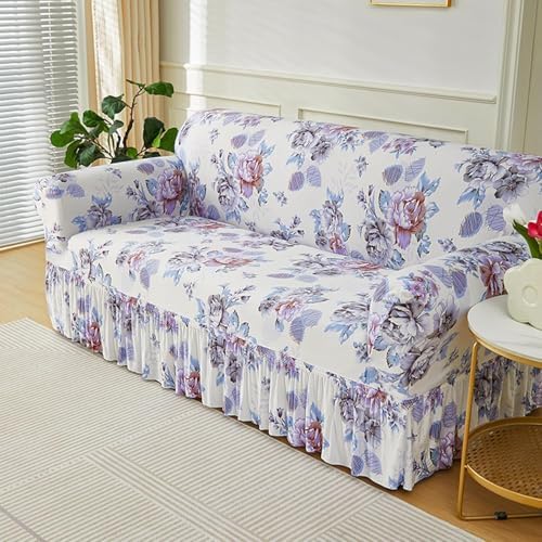 Couch Cover with Skirt Bottom 3D Geometric Retro Floral Pattern