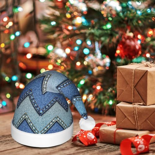 Gradient Blue Denim Print Christmas Hat with LED Lights