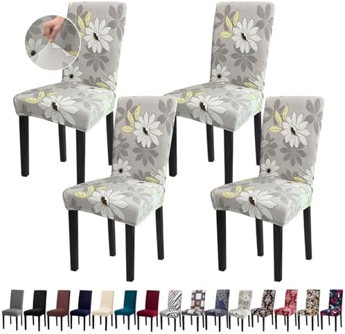 Fafua 4pcs Stretch Dining Chair Covers Grey Flower