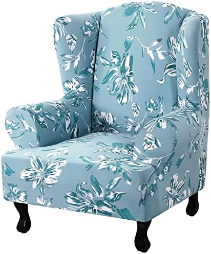 Floral Printed Fleece Wingback Chair Slipcover - Sky Blue