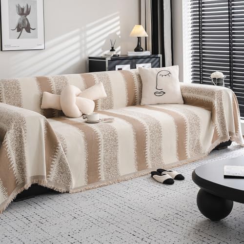 DREAMINGO Couch Cover - Striped Jacquard Beige Khaki Modern Chic