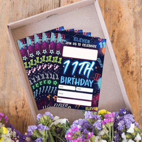 Blue 11th Birthday Invitations with Neon Glow Design