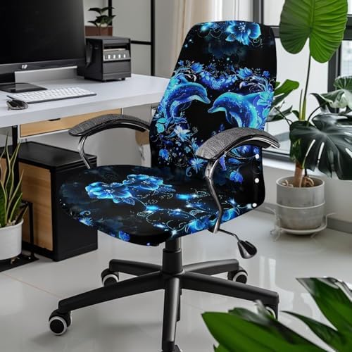 Cadowhimsy Office Chair Slipcover Blue Floral Dolphin Print