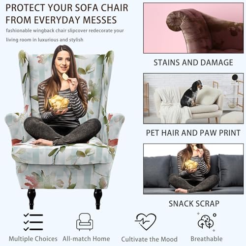 Printed Wingback Chair Cover Retro Floral 2 Pieces Farmhouse Armchair Protector