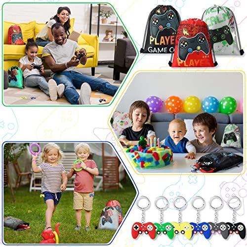 Hungdao 48 Pcs Gamer Party Favors Drawstring Bags Wristbands Keychains Set