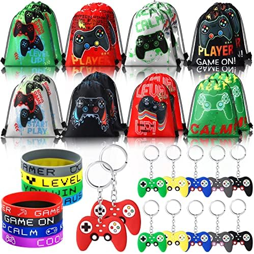Hungdao 48 Pcs Gamer Party Favors Drawstring Bags Wristbands Keychains Set