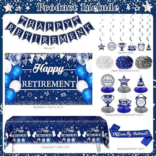Retirement Party Decorations Blue Silver 109Pcs Set