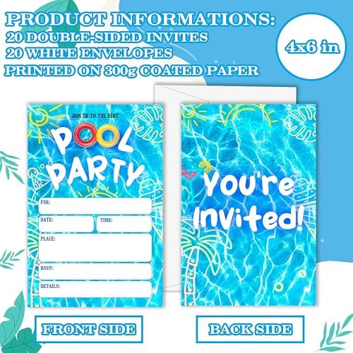 GOLRMC Pool Party Invitations 20 Count with Envelopes