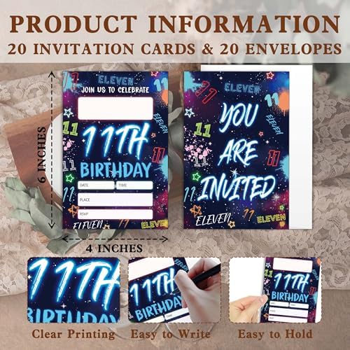 Blue 11th Birthday Invitations with Neon Glow Design