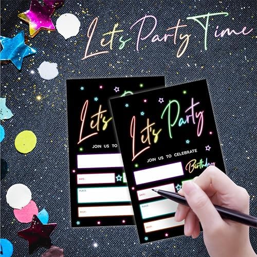 Lets Party Birthday Invitations Retro Glow Neon 20Pcs