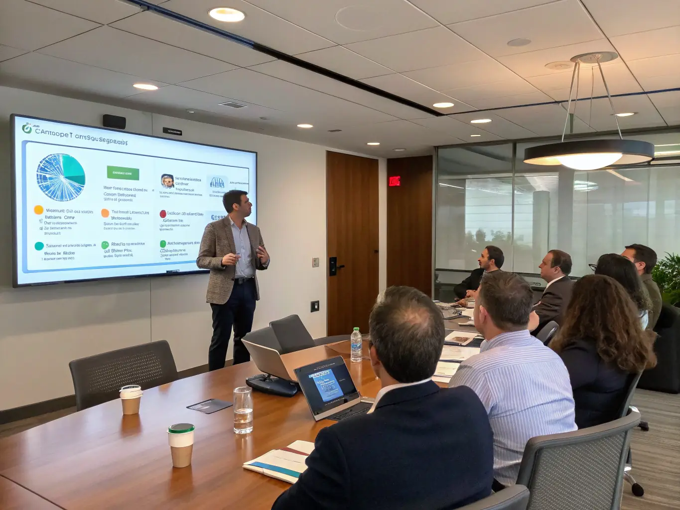 An image showing a consultant presenting data analytics insights on a large screen to a group of attentive clients in a boardroom setting.