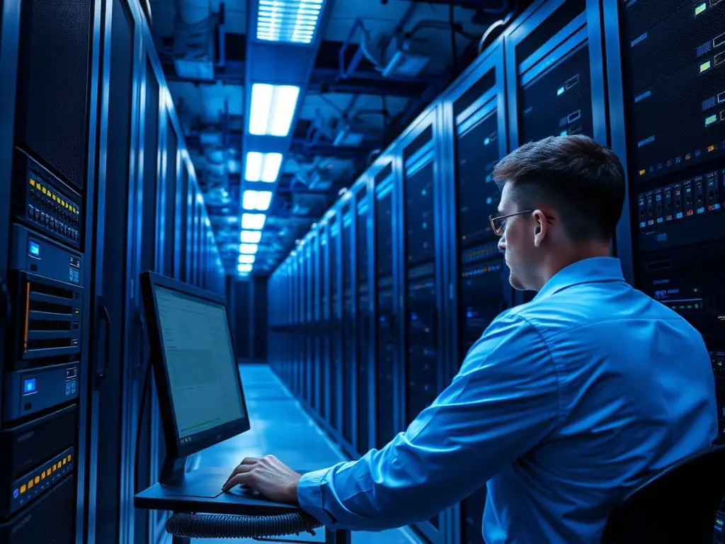A professional image depicting a secure cloud data center with glowing servers and network connections, symbolizing data security and efficient cloud management.