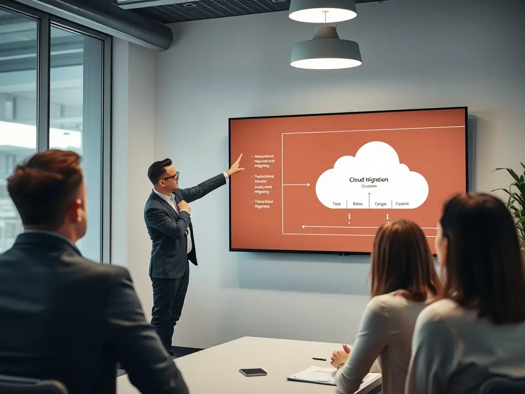 An image showing a consultant presenting a cloud migration strategy to a client, using a visual representation of cloud infrastructure and data flow.