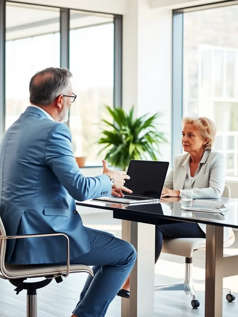 A professional consultant in a modern office setting, advising a client on digital transformation strategies, with charts and data visualizations in the background.