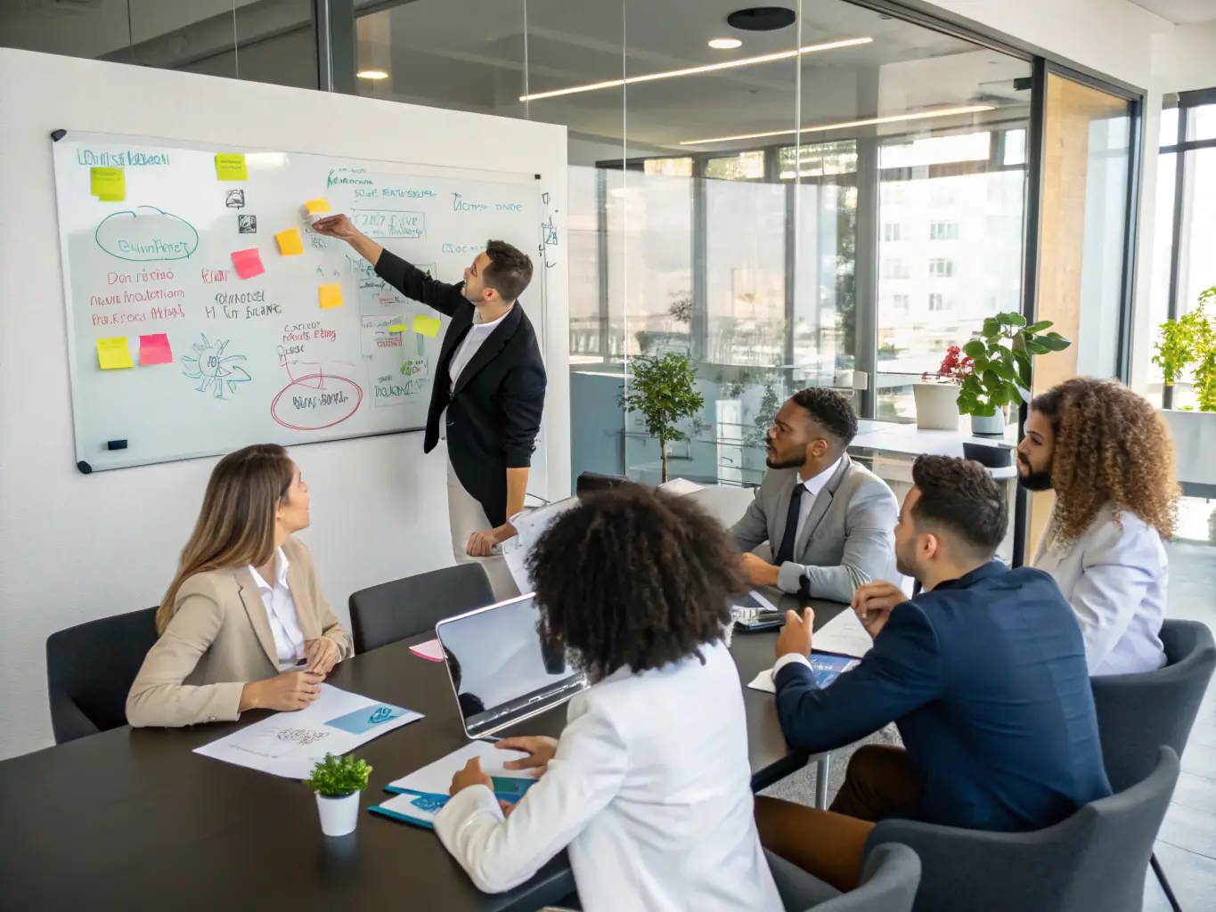 An image depicting a diverse team of AEVORATECH LTD consultants brainstorming innovative solutions in a modern, collaborative workspace, with digital displays showcasing data analytics and strategic planning.